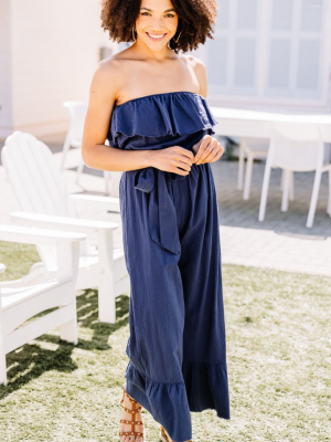 Right Place Ruffled Denim Blue Linen Jumpsuit