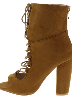 Pear3 Camel Peep Toe Lace Up Extended Ankle Boot