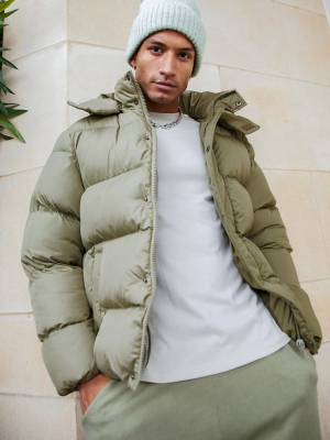 Asos Design Sustainable Puffer Jacket With Detachable Hood In Khaki