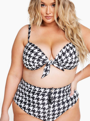 Summer Button Up Bikini Bottom (curves) - Black & White Houndstooth Print