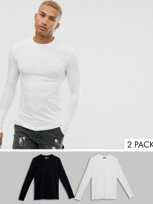 Asos Design 2 Pack Muscle Fit Long Sleeve T-shirt With Crew Neck