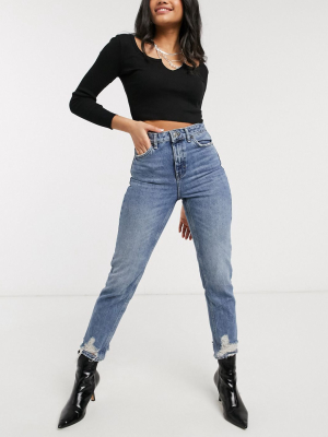 Topshop Mom Jeans With Rips In Mid Wash Blue