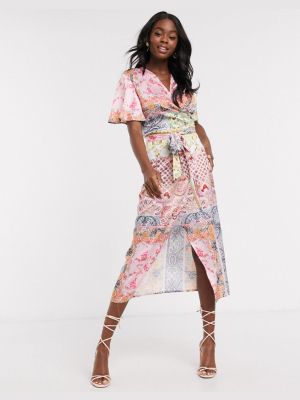 Never Fully Dressed Wrap Midi Dress In Contrast Scarf Print