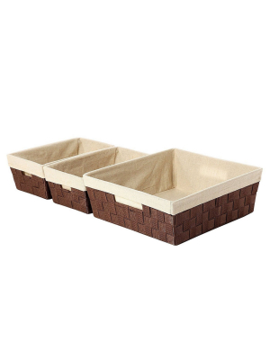 Woven Storage Baskets - 3-piece Nesting Baskets Set, Strap Storage Tote For Shelf, Kitchen, Bathroom - Small, Medium, And Large - Brown And Beige