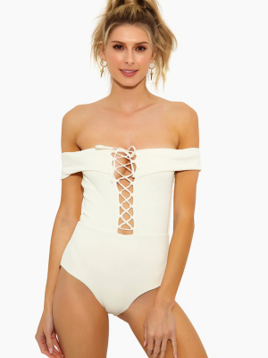 Anja Off Shoulder Lace Up One Piece Swimsuit - Cream White