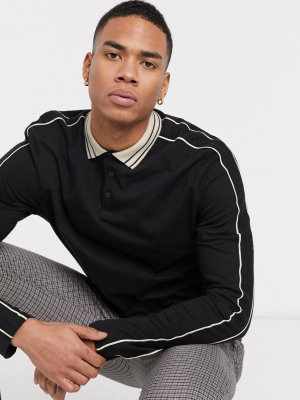 Asos Design Organic Long Sleeve Polo Shirt With Contrast Piping In Black
