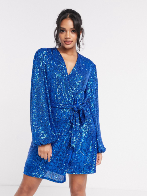 Style Cheat Sequin Tie Waist Mini Dress In Blue