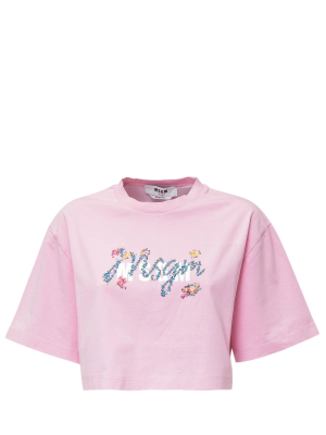 Msgm Floral Logo Printed Cropped T-shirt