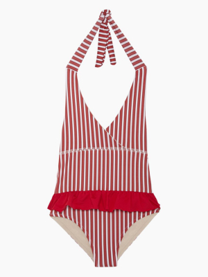 Nikki Ruffle One Piece Swimsuit (kids) - Red & Beige Stripes Print