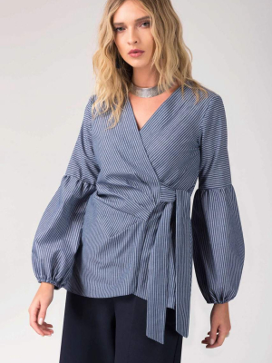 Navy Puff Sleeve Pleated Wrap Blouse