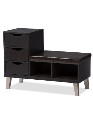 Arielle Modern And Contemporary Wood 3 - Drawer Shoe Entryway Benches With Two Open Shelves - Dark Brown - Baxton Studio