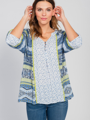 Farmers Market 3/4 Bishop Sleeve V-notch Neck Blouse