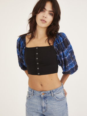 Uo Belmont Plaid Puff Sleeve Cropped Top