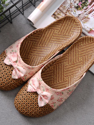 Floral Bowknot Splicing Linen Slippers