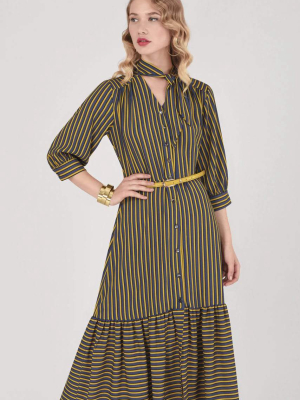 Mustard Stripy Midi Dress With Neck Tie