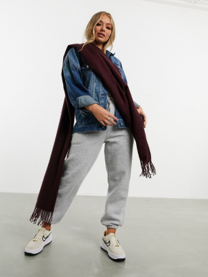 Asos Design Supersoft Long Woven Scarf With Tassels In Aubergine