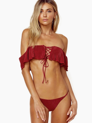 Enchanted Off Shoulder Lace Up Bikini Top - Ruby Red