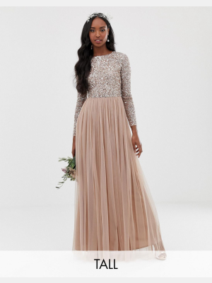 Maya Tall Bridesmaid Long Sleeve Maxi Tulle Dress With Tonal Delicate Sequins In Taupe Blush