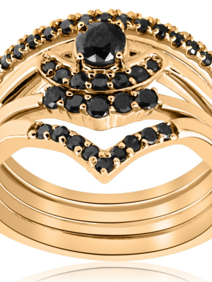 Pompeii3 1/2ct 4-ring Stackable Yellow Gold Black Diamond Curved Wedding Engagement Set