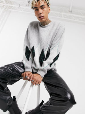 Asos Design Oversized Argyle Sweater In Gray