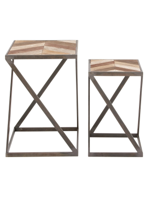 Set Of 2 Metal And Wood Square Accent Tables Brown/black - Olivia & May