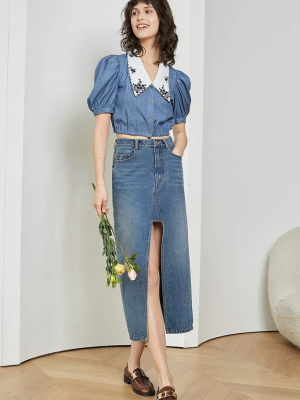 Peekaboo Long Denim Skirt