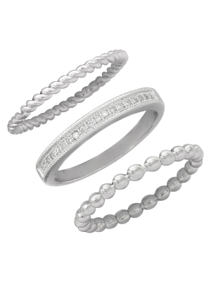 Women's Cubic Zirconia Band-small Rope Band And Med Bead Band Silver Plated Stack Ring Set