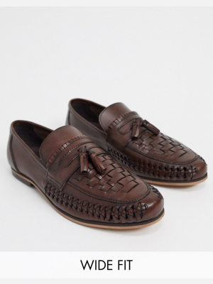 Asos Design Wide Fit Loafers In Woven Brown Leather With Tassel Detail