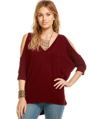 Love Knit 3/4 Sleeve V-neck Cold Shoulder Hi-lo Dolman