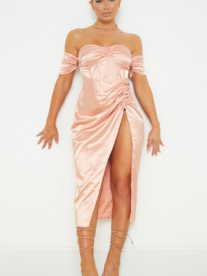 Peach Satin Corset Bardot Thigh Split Midi