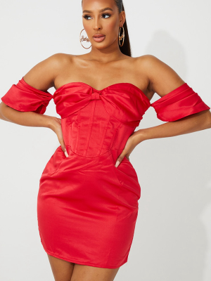 Red Satin Bardot Corset Bodycon Dress