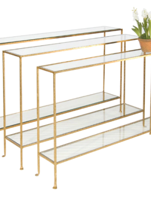 Small Hammered Gold Leaf Console With Clear Glass Shelves