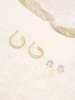 Triangle Crystal Stud & 18k Gold Plated Hoop Earring Set