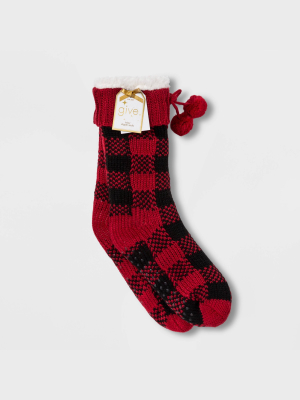 Women's Buffalo Check Sherpa Lined Slipper Socks With Grippers - Red/black 4-10