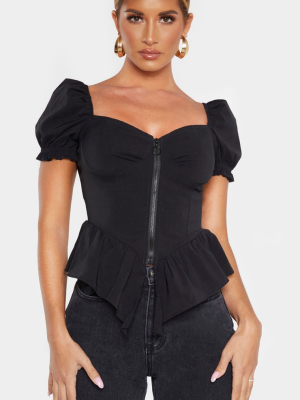 Black Woven Frill Hem Zip Front Top