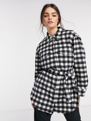 & Other Stories Check Gingham Longline Belted Shacket In Black