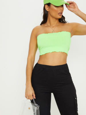 Neon Lime Rib Frill Hem Bandeau Crop Top