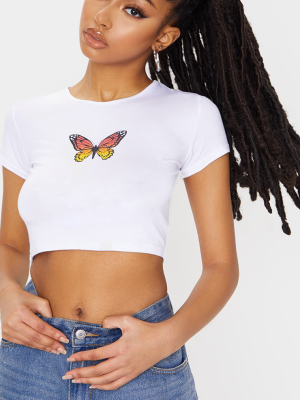 White Butterfly Printed Cropped Fitted T Shirt