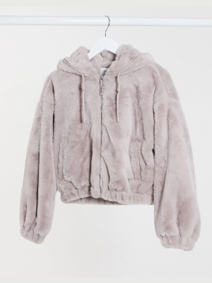 Bershka Faux-fur Cropped Jacket In Lilac