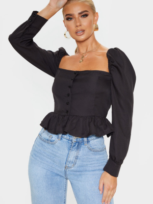 Black Cropped Frill Hem Square Neck Puff Sleeve...