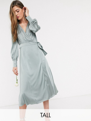 Tfnc Tall Bridesmaids Long Sleeve Wrap Front Sateen Midi Dress With Belt In Sage