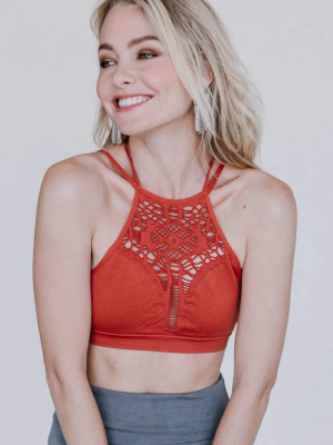 Floral Cut Out High Neck Bralette - Rust