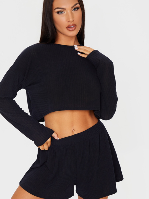 Black Soft Rib Drop Shoulder Top And Skater...