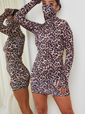 Petite Leopard Print Long Sleeve Face Mask Dress