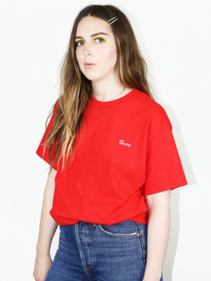 Busy Tee – White On Red Embroidery