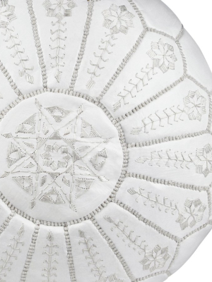 Embroidered Leather Pouf, White On White Starburst Stitch