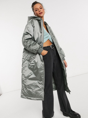 Asos Design Longline Oversized Hooded Puffer Coat In Sage