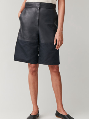 Leather Shorts With Woven Panel