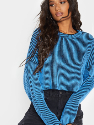 Blue Two Tone Knitted Batwing Sweater