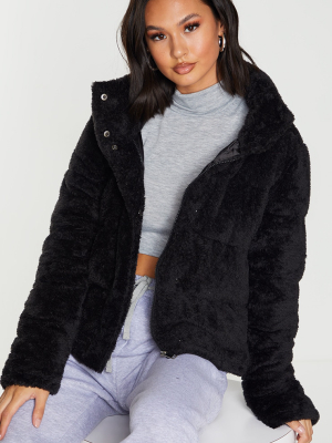 Black Short Faux Fur Padded Puffer Jacket